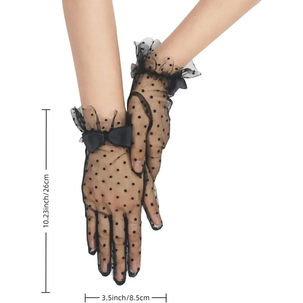 Women's Black Short Polka Dot Lace Bow Mesh Party Wedding Bridal Gloves Prom